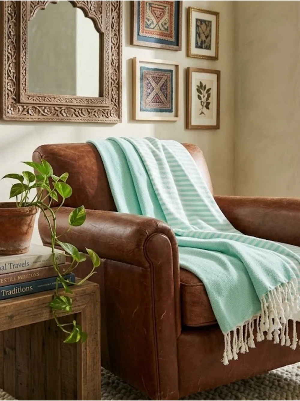 Striped Mint & White Turkish Throw Blanket Towel with Fringe